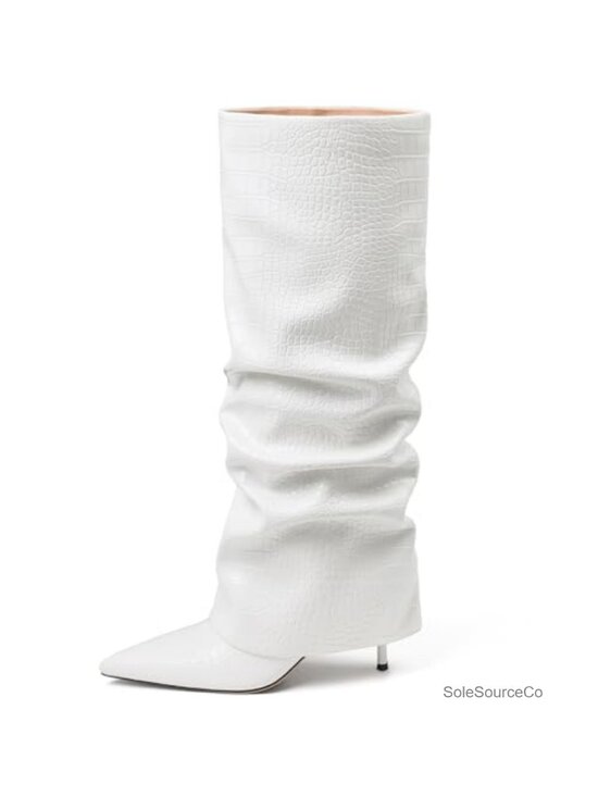 Shoes - Knee High Stiletto Heel Boots Slouchy Fold Over PU Leather Wide Calf